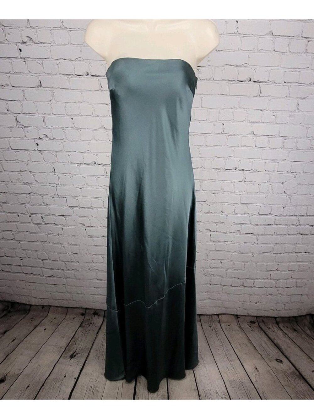 Revelry Green Satin Strapless Open Back Button Accent Bridesmaid Long Dress 2